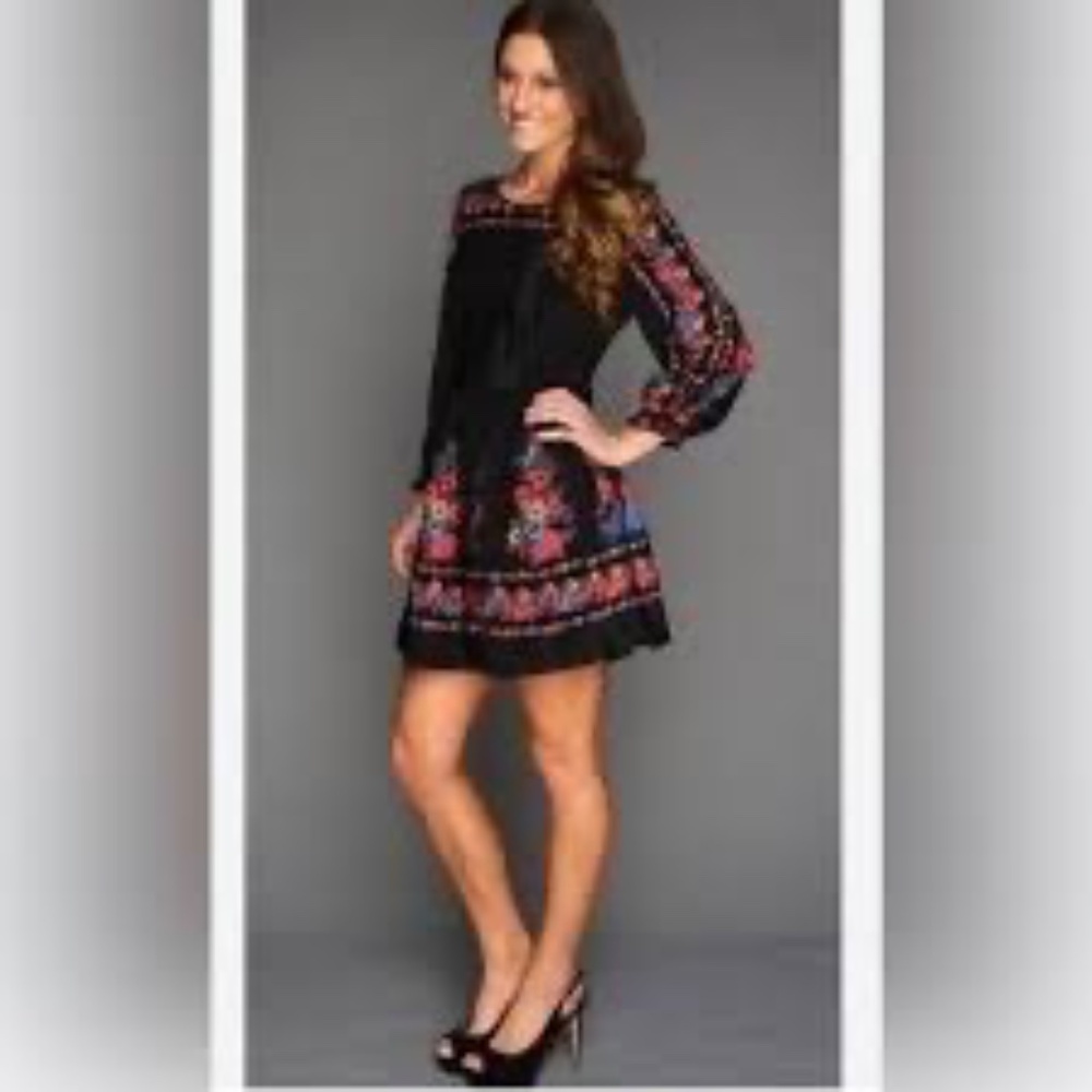 Free People Age Of Aquarius Black Floral Mini Dress Tunic Sz 2